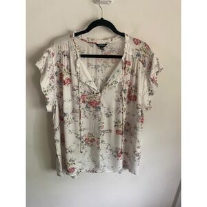 Buffalo David Bitton Women XXL Floral Blouse Tie Neck Lace Trim White Pink Boho